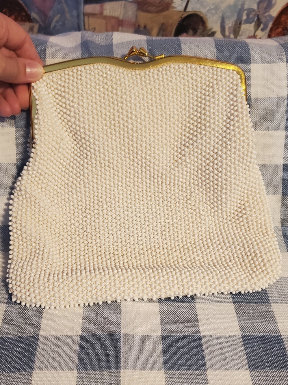 Vintage Corde Bead Ivory Kiss Closure Handbag with Gold-Tone Trim, Mirror Pocket